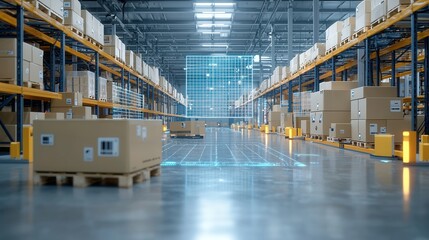 Poster - An expansive highly organized and technologically advanced warehouse interior with long rows of shelving units creating a sense of scale and efficiency in the storage and distribution of goods