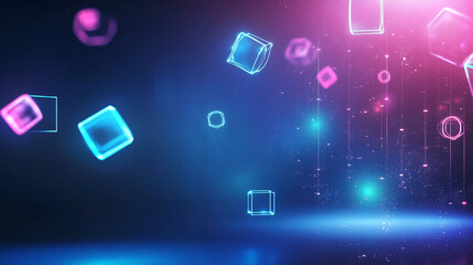 Wall Mural - neon cubes float in a vibrant, abstract space filled with particles and glowing lines. blue and pink hues create a futuristic, ethereal atmosphere.