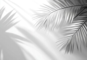 Poster - Elegant Monochrome Palm Leaves Casting Shadows on Bright Wall with Subtle Textures for Modern Interior Decor and Minimalist Aesthetic Inspiration