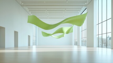 Poster - A captivating and serene art installation featuring flowing green fabric elements suspended in a minimalist white gallery space creating a surreal and thought provoking visual experience