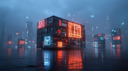 Poster - A towering neon lit cargo vessel floating in a dimly lit cyberpunk inspired urban landscape surrounded by towering skyscrapers and reflective surfaces