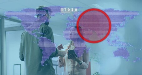Poster - Discussing with digital world map overlay, business professionals analyzing data points