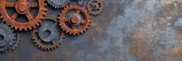 Poster - Industrial gear patterns merging gray and rust tones with metallic gradient, robust mechanical design for creative projects