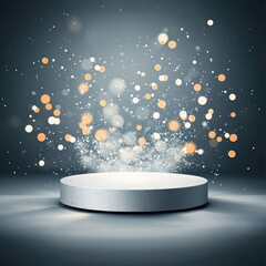 Poster - A white podium surrounded by floating white balls and dynamic light trails creating a magical and dreamlike scene