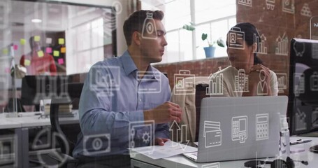 Poster - Discussing digital data animation, business professionals in modern office setting