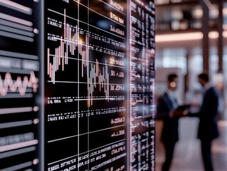 Poster - A wall of stock information displaying real-time data in a bustling digital marketplace environment