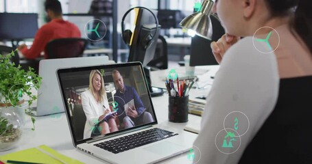 Poster - Watching animation of business meeting on laptop with digital icons overlay