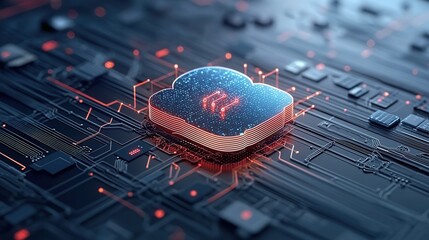 Poster - Futuristic digital circuit board with a glowing microchip symbol representing a modern hosting network system and advanced technology