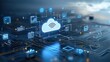 © ADD PHOTO - A complex futuristic depicting an advanced cloud computing network with interconnected devices servers and cybersecurity measures