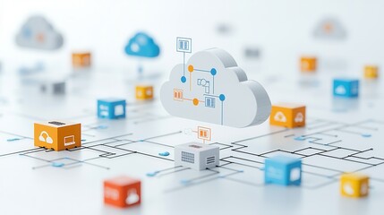 Poster - Advanced cloud hosting network design showcasing a complex interconnected digital infrastructure with cubes clouds and other geometric shapes representing the integrated systems and data flow