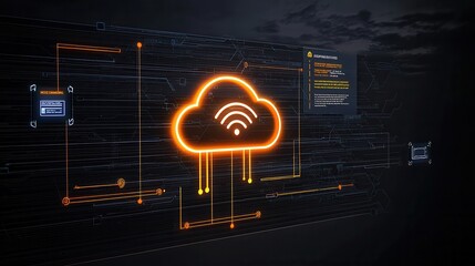 Poster - A glowing neon cloud like symbol surrounded by digital circuits and connections representing the infrastructure of cloud computing and modern technology
