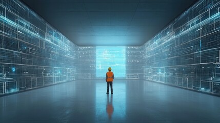 Poster - a worker in an orange uniform stands in a vast futuristic digital warehouse filled with rows of illu