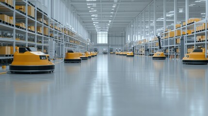 Poster - A vast organized warehouse interior with rows of shelves and storage equipment showcasing an efficient and technologically advanced logistics and inventory management system