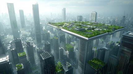 Poster - a conceptual image of a sustainable high tech city built on an elevated floating platform amidst a f