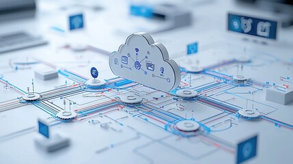 Poster - Conceptual of a complex digital cloud computing infrastructure system with interconnected servers networks and data storage components