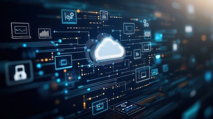 Poster - a futuristic depicting the interconnected world of digital transformation and cloud computing techno
