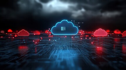 Poster - a digital depicting a futuristic cloud based network infrastructure with interconnected data servers