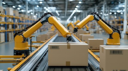 Poster - automated warehouse with high tech robotic arms efficiently handling and transporting cargo and pack