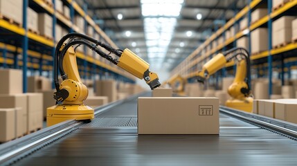 Poster - automated robotic arms efficiently moving packages and containers in a modern high tech warehouse fa