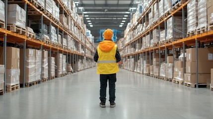 Poster - a worker wearing a yellow safety vest and protective gear walks down a long organized warehouse corr