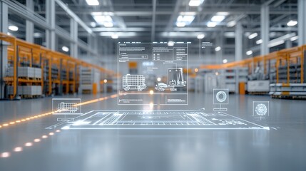 Poster - a futuristic highly automated warehouse with transparent holographic data interfaces and advanced te