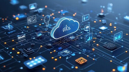 Poster - of a complex interconnected cloud based computing system with various digital elements including devices data and analytics showcasing the and scalability of modern cloud technology