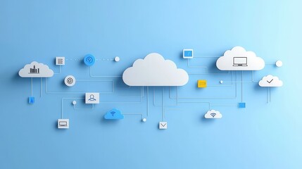 Poster - a conceptual depicting a cloud based hosting network featuring various icons representing different 
