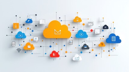 Poster - colorful abstract depicting a modern cloud based hosting and network infrastructure with various dig