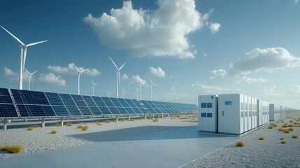 Poster - vast renewable energy facility with rows of solar panels and wind turbines showcasing advanced techn