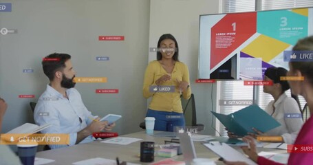 Poster - Business team in meeting with social media notifications overlay animation