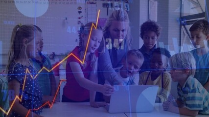 Poster - Teacher guiding diverse children with laptop, financial data animation overlay