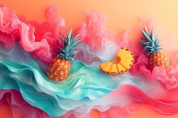 Poster - Three pineapples and a slice floating among colorful fabrics