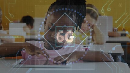 Poster - Child using tablet with 6G technology animation overlay in classroom setting