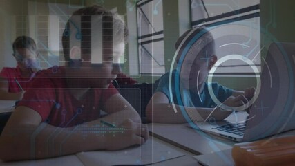 Poster - Children studying with futuristic data processing animation overlay in classroom