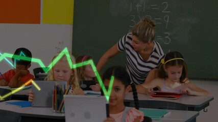 Poster - Teacher assisting students with tablets, data graph animation over classroom scene