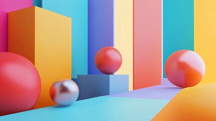 Poster - Abstract 3D scene with colorful blocks, spheres and geometric shapes creating a vibrant composition