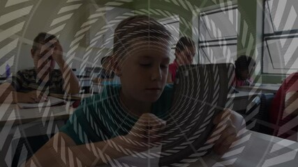 Poster - Young students using tablets in classroom with swirling pattern overlay animation