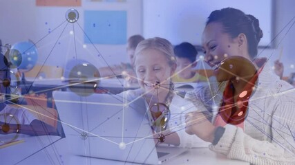 Poster - Students using laptop in classroom with network connections animation overlay