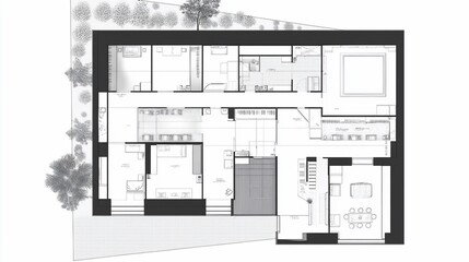 Aufkleber - Architectural Blueprint of a Modern House with Detailed Floor Plan and Surrounding Greenery