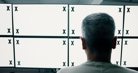 Poster - Review, mockup space and people by computer screen analyzing security system at broadcast center. Technology, tracking markers and back of managers with blank desktop in control room for surveillance