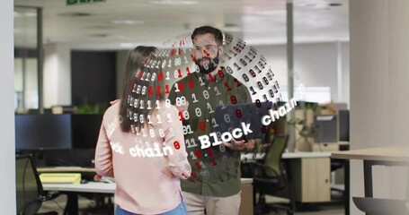 Poster - Blockchain data animation over two people discussing in modern office setting