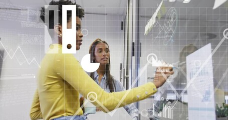 Poster - Analyzing data charts on transparent board, businesswomen in modern office