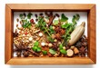 © Boonyapawn - Aromatic blend of spices and herbs in a rustic wooden frame, isolated on white , rustic,  gastronomy