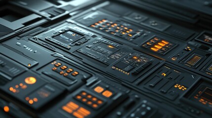 A sci-fi control panel with holographic buttons and futuristic UI.