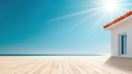 modern seaside deck with bright sun and clear sky