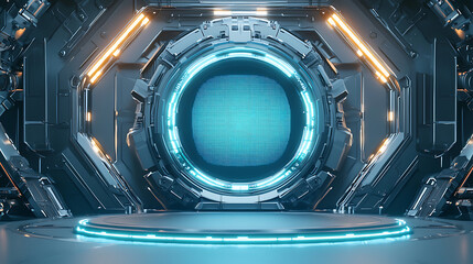 Fototapete - Futuristic portal activation sci-fi lab digital animation high-tech environment close-up view innovation concept