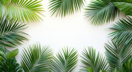 Poster - Lush Green Tropical Leaves Frame on Light Background for Fresh and Natural Design Concepts and Outdoor Themes Exploration in Artistic Photography