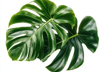 Poster - Lush Green Tropical Leaves on White Background Highlighting the Natural Beauty and Texture of Monstera Plants Ideal for Botanical and Interior Design Use