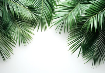 Poster - Lush Green Tropical Palm Leaves Bordering White Space for Creative Background, Natural Decor, and Relaxing Atmosphere in Interior Design Projects