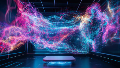 Fototapete - Dynamic light trails visualizing digital energy futuristic studio 3d animation virtual environment wide angle technology concept